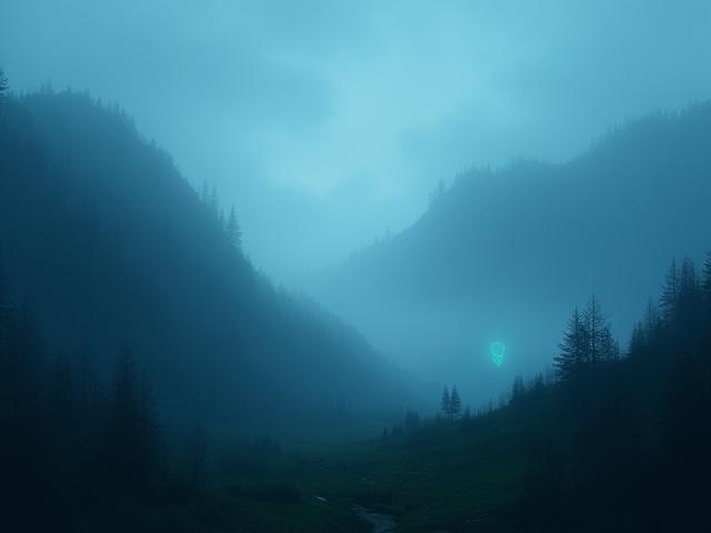 Podcast cover art for 'Mysteriet i Fjellheimen', depicting a foggy mountain landscape with subtle mystical elements.