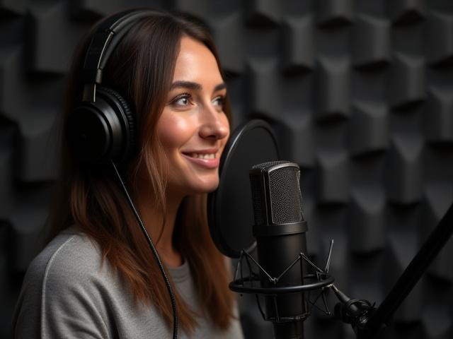 A professional voice actor in a sound booth, speaking into a high-quality condenser microphone. Focus on clarity and vocal performance.